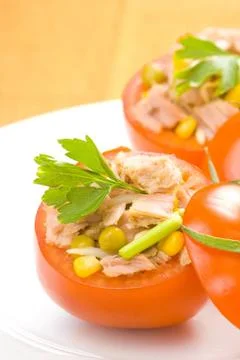 Tuna stuffed tomato celery corn soya bean Stock Photos