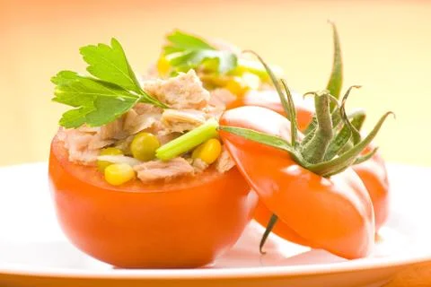 Tuna stuffed tomato celery corn soya bean Stock Photos