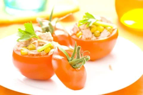 Tuna stuffed tomato celery corn soya bean Stock Photos