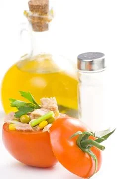 Tuna stuffed tomato celery corn soya bean Stock Photos