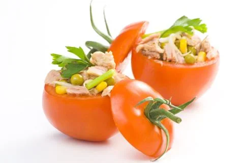 Tuna stuffed tomato celery corn soya bean Stock Photos