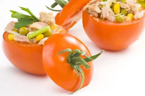 Tuna stuffed tomato celery corn soya bean Stock Photos