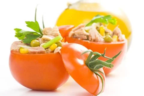 Tuna stuffed tomato celery corn soya bean Stock Photos