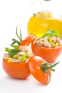 Tuna stuffed tomato celery corn soya bean Stock Photos