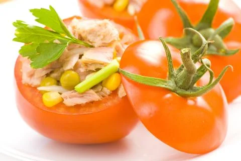 Tuna stuffed tomato celery corn soya bean Stock Photos