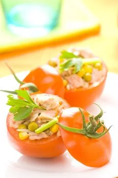Tuna stuffed tomato celery corn soya bean Stock Photos