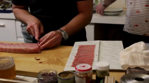 Tuna toro sashimi preparation Stock Footage 105603737