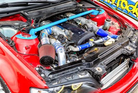 Tuned turbo car engine of Toyota in vehicle Stock Photos