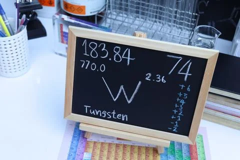 Tungsten and symbol structural formula chemical on the blackboard 写真素材