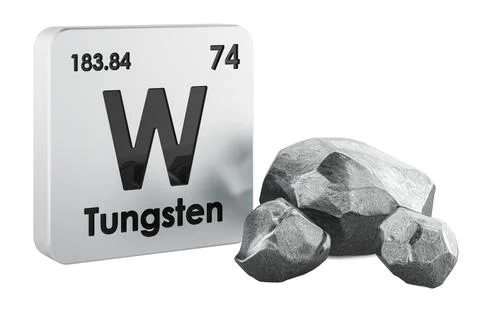 Tungsten element sign W with tungsten metal pieces. 3d rendering Stock Illustration