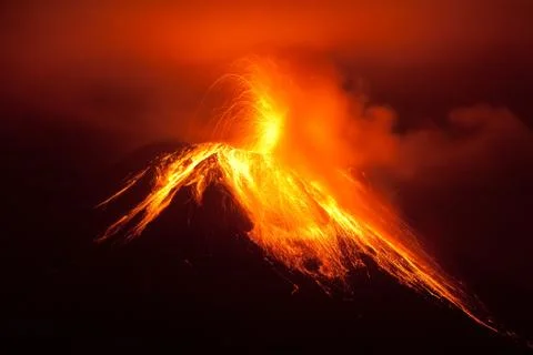 Tungurahua Volcano Eruption: Dramatic Nighttime Scene on November 30 2011 in Stock Photos