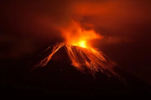 Tungurahua Volcano Eruption: Stunning Night Shot on November 30 2011 in Ecuador Stock Photos