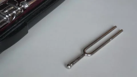 Tuning fork and flute case on white surface for music practice and instrument Vídeos de archivo 349005719