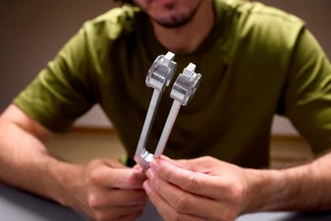 A tuning fork placed on the head demonstrates a detailed study of the perception Stock Photos