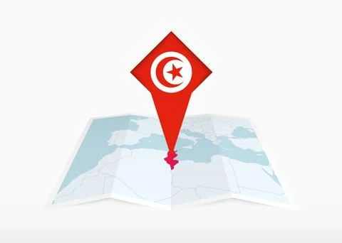 Tunisia is depicted on a folded paper map and pinned location marker with f.. Stock Illustration