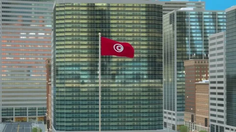 Tunisia Flag 3D Render Animation on Pole with Modern Business District Build Video stock 332878562