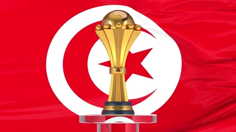 Tunisia flag and Afcon trophy Stock Footage 168182786