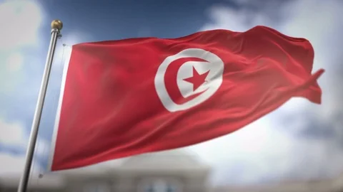 Tunisia Flag Waving Slow Motion 3D Rendering Blue Sky Background - Seamless.. Stock Footage 75545836