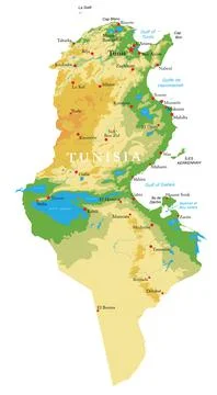 Tunisia highly detailed physical map Stock Illustration