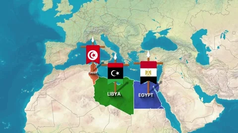 Tunisia, Libya, Egypt Regional Border and Flag Banner Map Animation Stock Footage 343073540