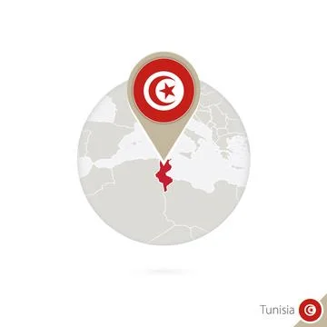 Tunisia map and flag in circle. Map of Tunisia, Tunisia flag pin. Map of Tu.. Stock Illustration