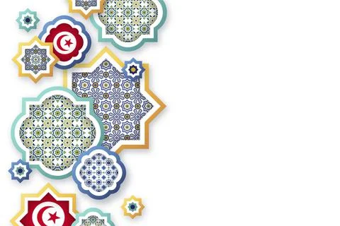 Tunisian flags in the middle of different mosaic shapes with free text space Stock Illustration