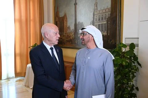  Tunisian President Kais Said meets with Sheikh Mohammed bin Zayed Al Nahy... Stock Photos