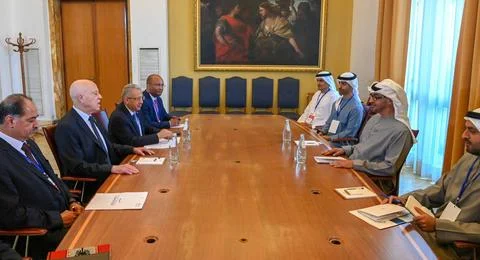  Tunisian President Kais Said meets with Sheikh Mohammed bin Zayed Al Nahy... Stock Photos