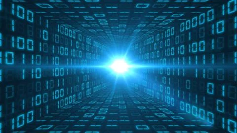 Tunnel of blue binary code with a bright light at the end Stock Illustration