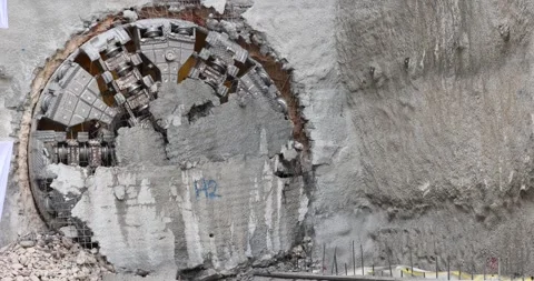 Tunnel boring machine(TBM) head on display at subway construction site ,under Vídeo Stock 290844595