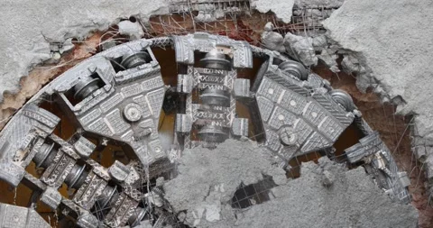 Tunnel boring machine(TBM) head on display at subway construction site ,under Stock Footage 290845319
