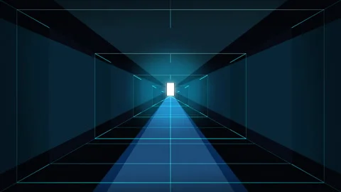 Tunnel corridor motion loop with glowing light digital cyber perspective Stock Footage 347956869