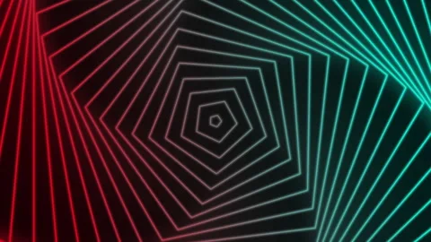 Tunnel in the form of a pentagon made of multi-colored glowing red blue lines Stock Footage 167029224