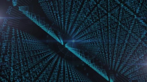 Tunnel of glowing cyan binary digits zooming and rotating inward on sequence Stock Footage 327786417