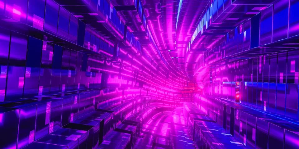 Tunnel with glowing neon pattern. 3D render Stock Illustration