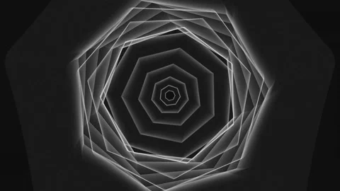 Tunnel of glowing white octagonal rings moving inward dark aesthetic motion.. Video stock 342549683