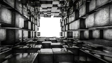 Tunnel is lined with glossy dark three-dimensional cubes. abstract. 3D rendering Stock Illustration