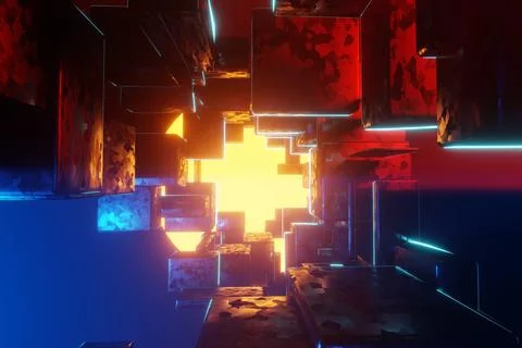 Tunnel Sci-Fi looping environment, Technology digital abstract background.3d  Stock Illustration