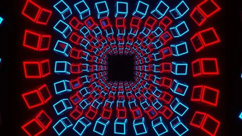 Tunnel Through Moving Red and Blue Neon Squares Background VJ Loop in 4K Video stock 271629502