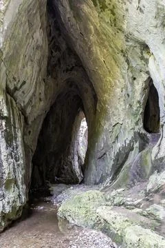 Tunnel through which the river flows Stock Photos