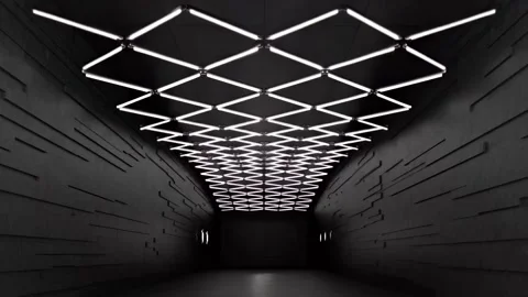 Tunnel with Zigzag White LED Ceiling Grid and Red Wall Lights Stock Footage 346780724
