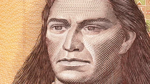 Tupac Amaru II portrait on Peruvian 500 intis (1987) banknote tilting. 8K Stock Footage 148377313
