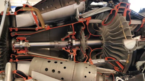 Turbine aircraft engine with internal structure elements Stock Footage 90167259