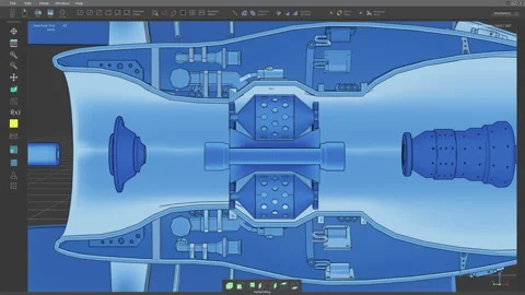 Turbine Machine Parts Assembly In Program Interface For Blueprint Designing Stock Footage 309956073