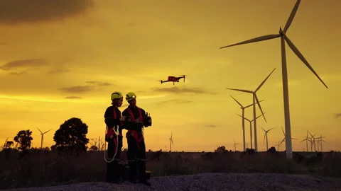 Turbine maintenance engineers are using drones to observe maintenance Stock Footage 167653922