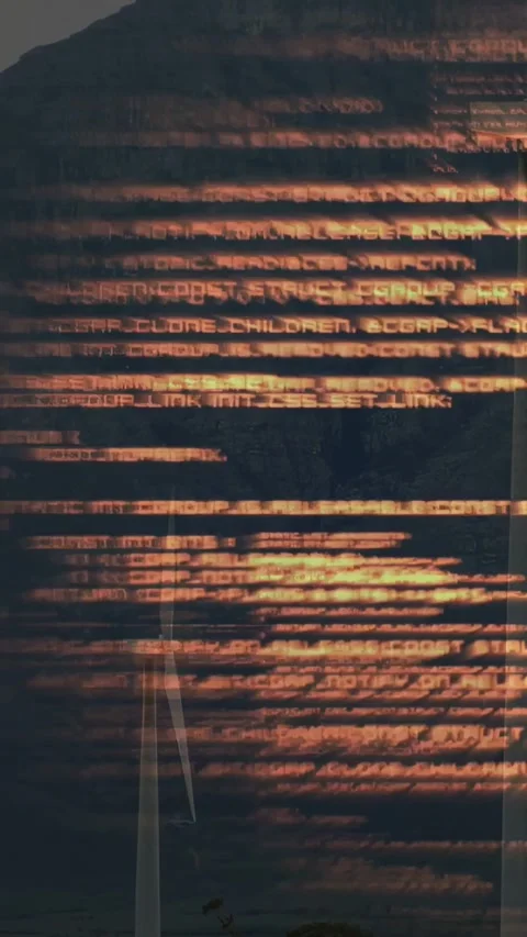 Turbine on ridge, orange code streaks emerging from right, occluding blades and Stock Footage 333036414