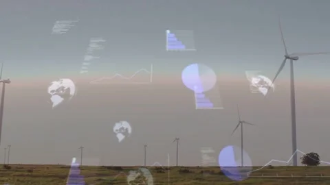 Turbines rotating from frame2 data charts appearing over horizon pulsing showing Stock Footage 334178955