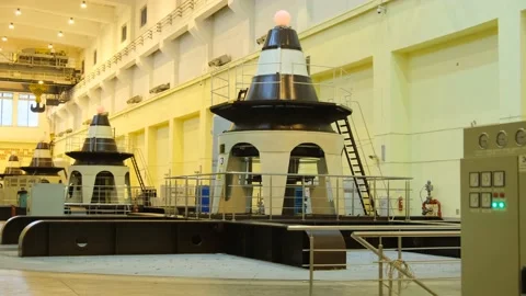 Turbines in  row inside of power plant station Stock Footage 158497341