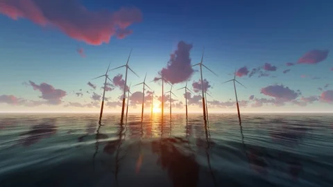 Turbines on wind farm at sunset  Video stock 107563787