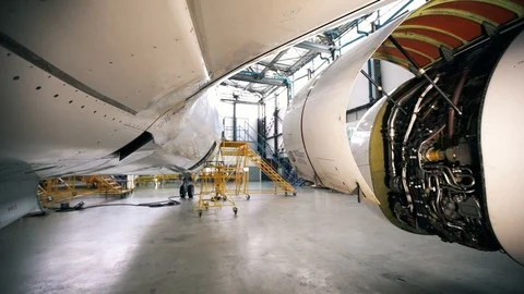 Turbo engine of a large passenger liner Boeing 737 in open form Video stock 102617480